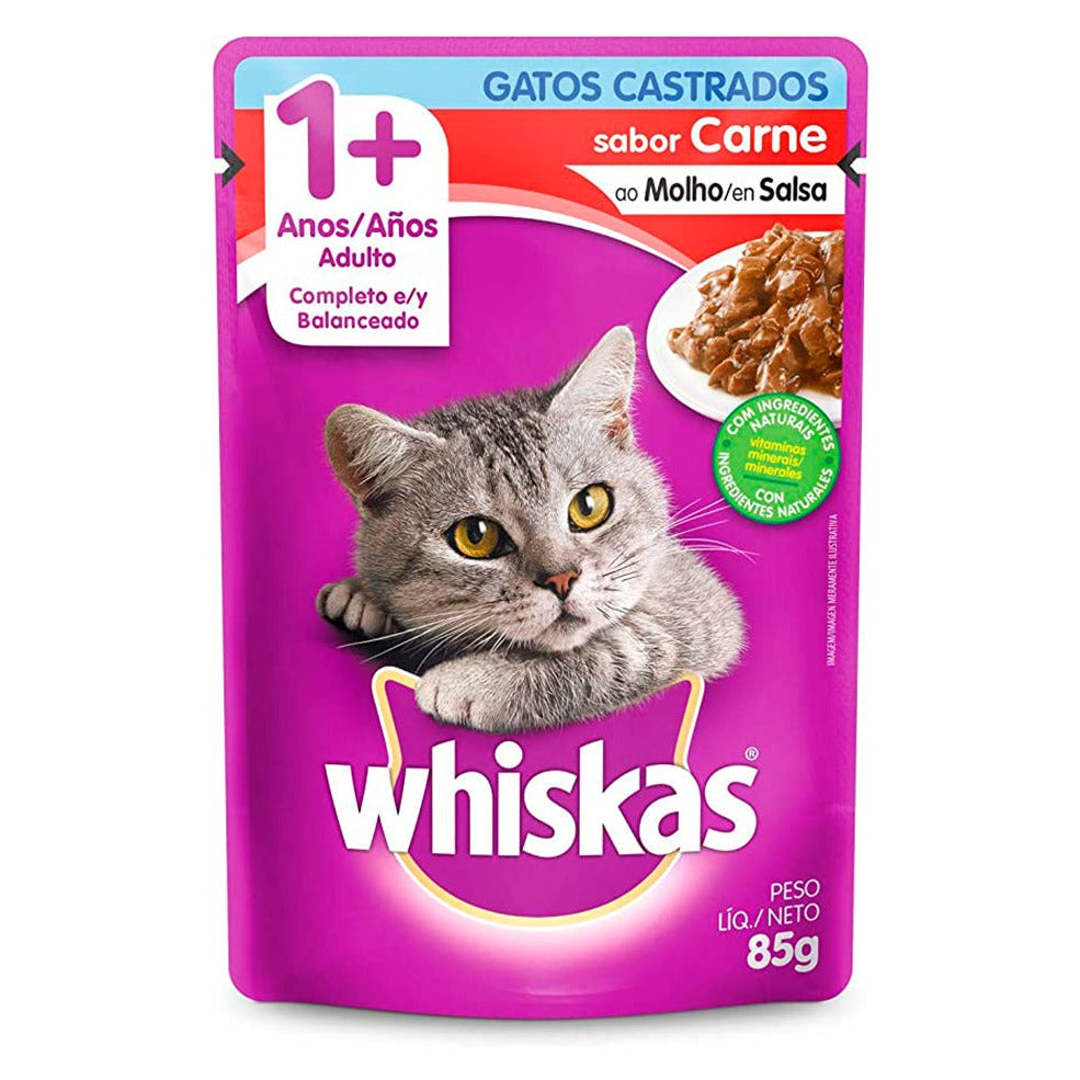 WHISKAS SACHE GATOS CASTRADOS ADULTO 1+ CARNE AO MOLHO 85G