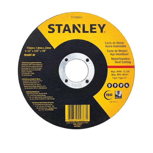 DISCO CORTE METAIS/ACO INOX 115MM X 1,0MM X 22,23MM WA60T-BF STA8061 STANLEY