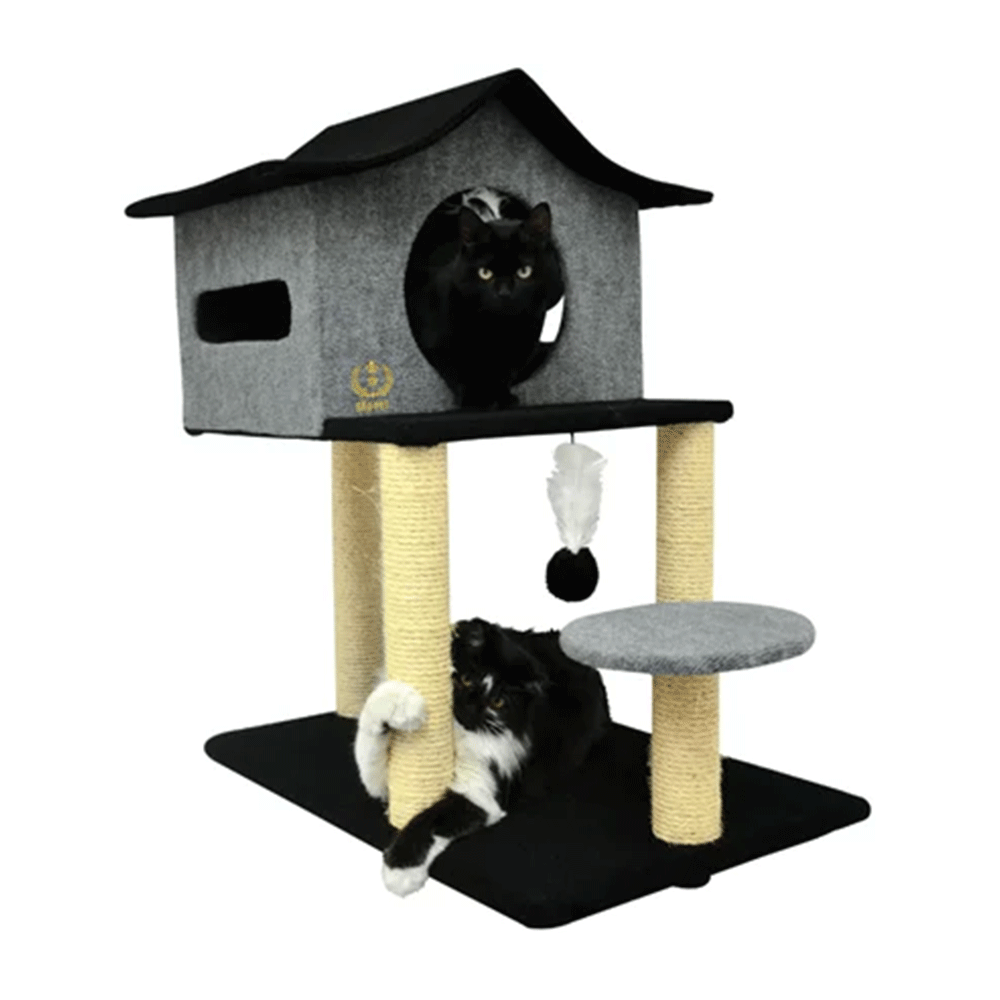 ARRANHADOR CASA DE CUCO PRETO/CINZA EM TECIDO E SISAL 78X60X85 CM