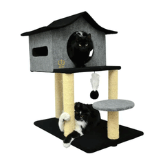 ARRANHADOR CASA DE CUCO PRETO/CINZA EM TECIDO E SISAL 78X60X85 CM