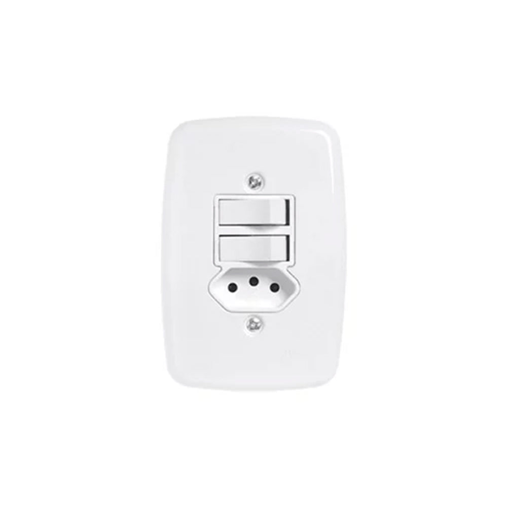 INTERRUPTOR 2 TECLAS C/ TOMADA 2P+T DE EMBUTIR C/ PLACA 10A/250V IDEALE BRANCA PLUZIE