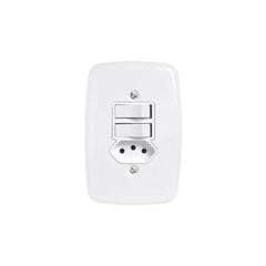 INTERRUPTOR 2 TECLAS C/ TOMADA 2P+T DE EMBUTIR C/ PLACA 10A/250V IDEALE BRANCA PLUZIE
