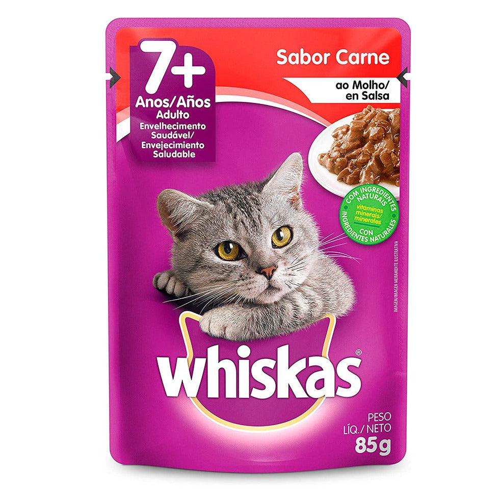 WHISKAS SACHE GATOS ADULTO +7 ANOS CARNE 85GR