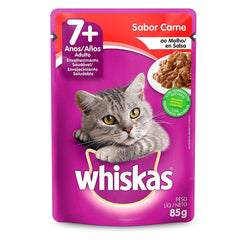 WHISKAS SACHE GATOS ADULTO +7 ANOS CARNE 85GR