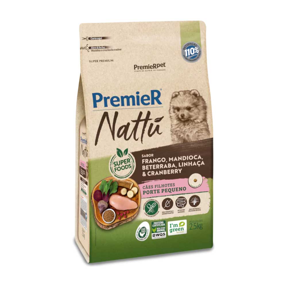 PREMIER NATTU CAES FILHOTES PORTE PEQUENO SABOR MANDIOCA 2,5KG