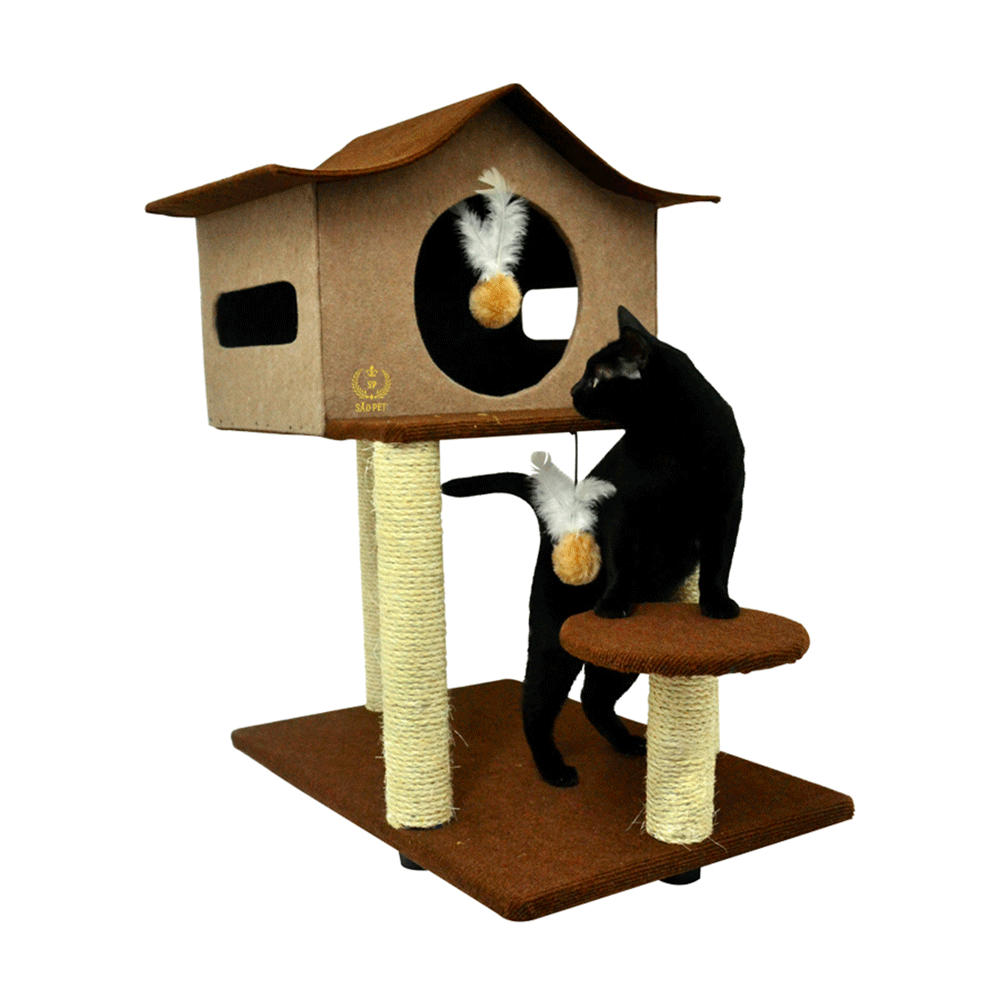 ARRANHADOR CASA DE CUCO MARROM/BEGE EM TECIDO E SISAL 78X60X85 CM
